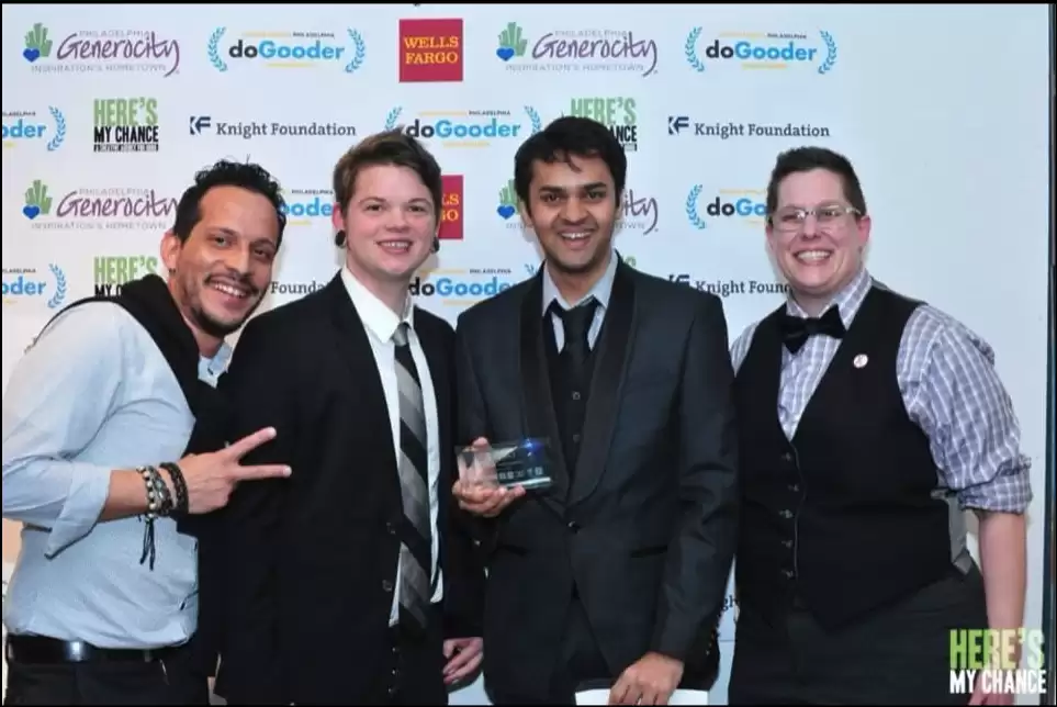Maarten Olaya with Cal Woodruff, Dhairya Pujara and Kelly Burkhardt winners of the 2014 Viewers Choice DoGooder Awards in Philadelphia